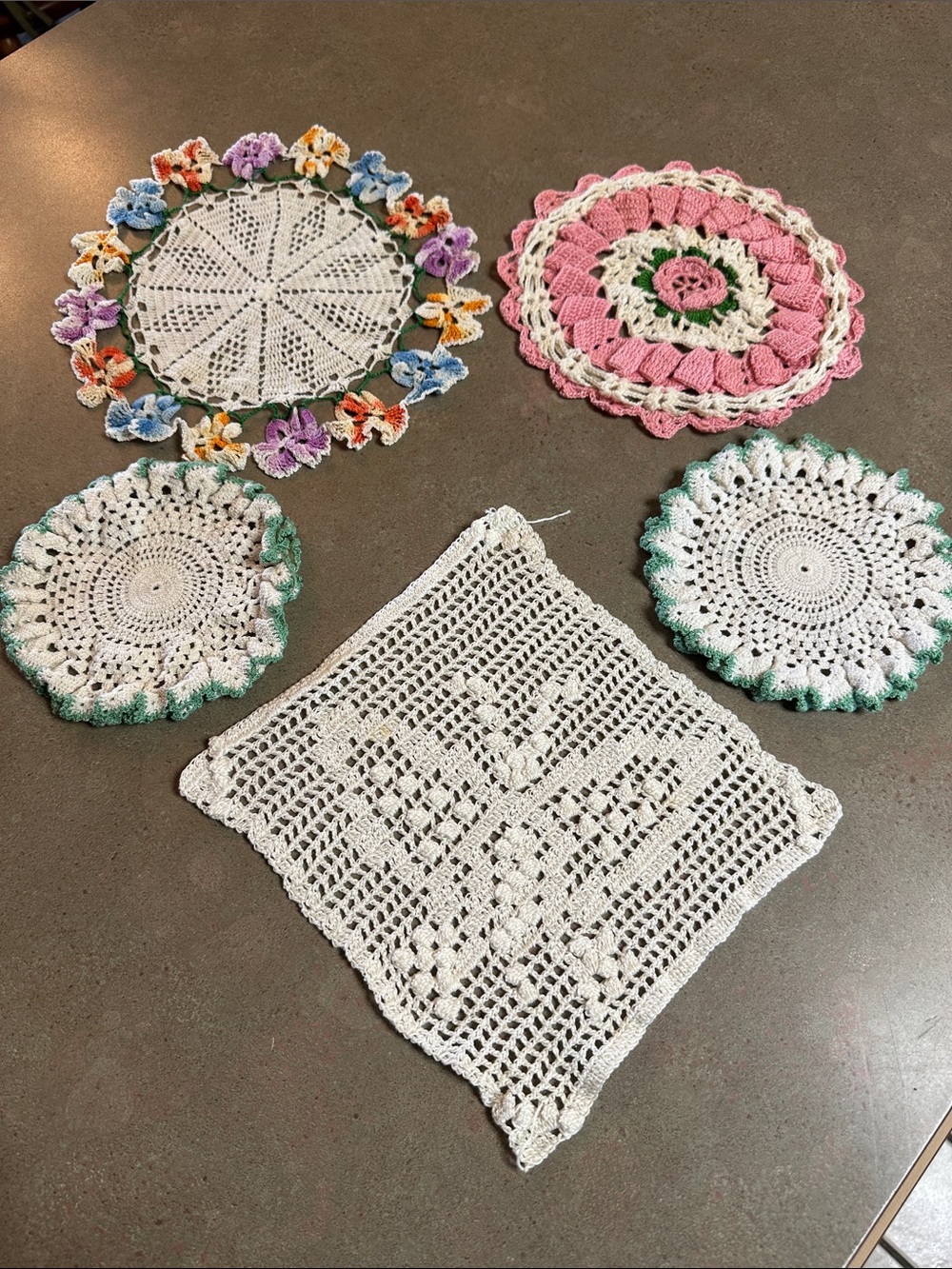 Vintage Handmade Crochet Doily Set with Pink and Green Accents